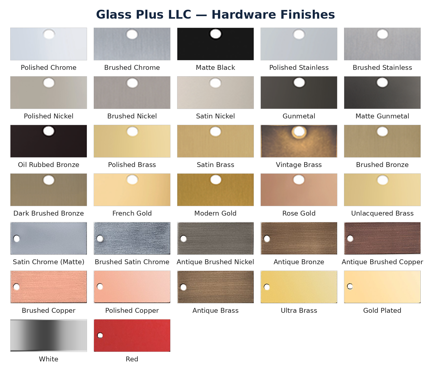 Glass Plus LLC hardware finish chart with the 32 color samples: Polished Chrome, Brushed Chrome, Matte Black, Polished Stainless, Brushed Stainless, Polished Nickel, Brushed Nickel, Satin Nickel, Gunmetal, Matte Gunmetal, Oil Rubbed Bronze, Polished Brass, Satin Brass, Vintage Brass, Brushed Bronze, Dark Brushed Bronze, French Gold, Modern Gold, Rose Gold, Unlacquered Brass, Satin Chrome (Matte), Brushed Satin Chrome, Antique Brushed Nickel, Antique Bronze, Antique Brushed Copper, Brushed Copper, Polished Copper, Antique Brass, Ultra Brass, Gold Plated, White and Red