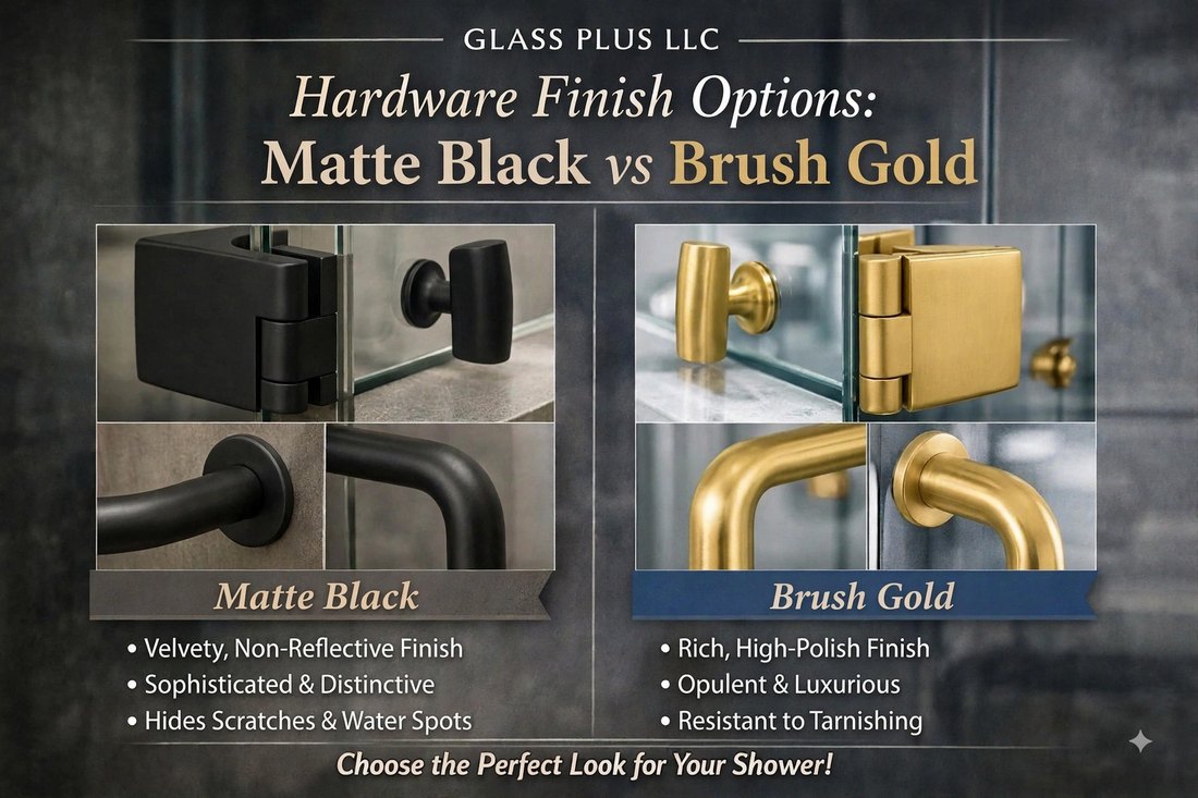 Glas Plus hardware finish comparison: Matte Black and Brush Gold on shower door hinges, knobs and handles