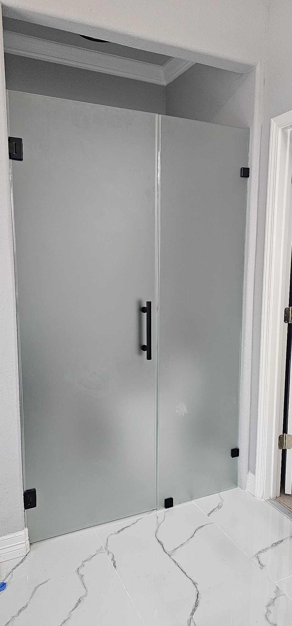 Hinged door with Frosted glass (privacy), fixed panel and black hardware