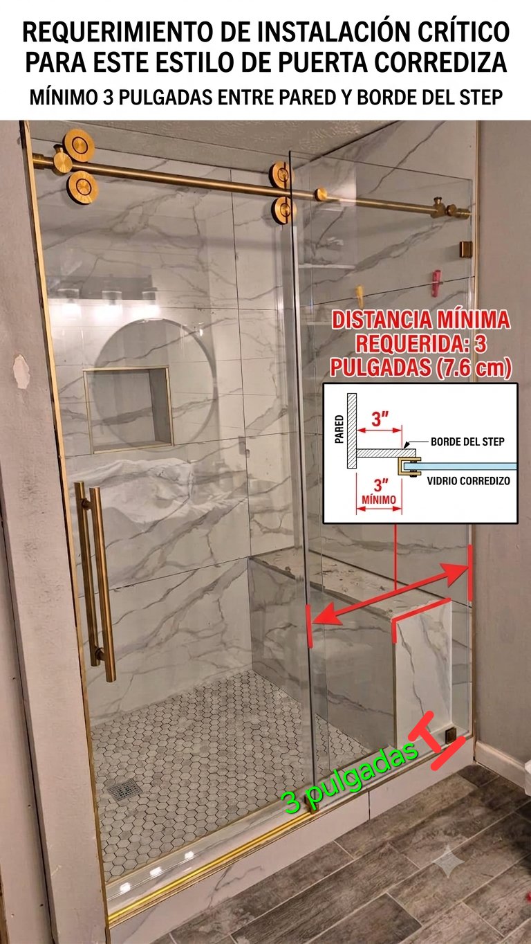 Glas Plus guide: critical installation requirement for a sliding door — minimum required clearance of 3 inches (7.6 cm) between the wall and the edge of the step, with the diagram of the wall, the step edge and the sliding glass