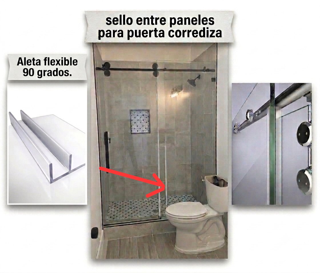 Glas Plus technical sheet: seal between panels for a sliding door, with a flexible 90° fin