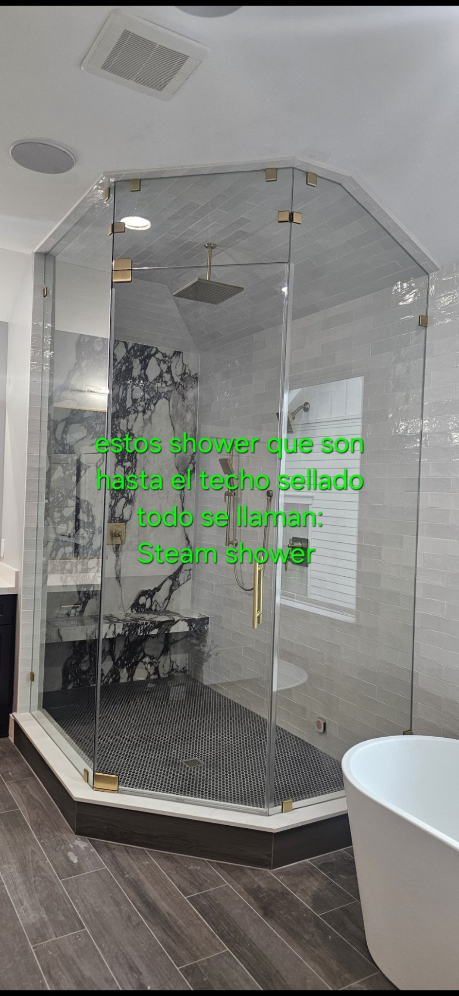 Glas Plus job annotated by the installer: steam shower, glass shower up to the ceiling with full sealing