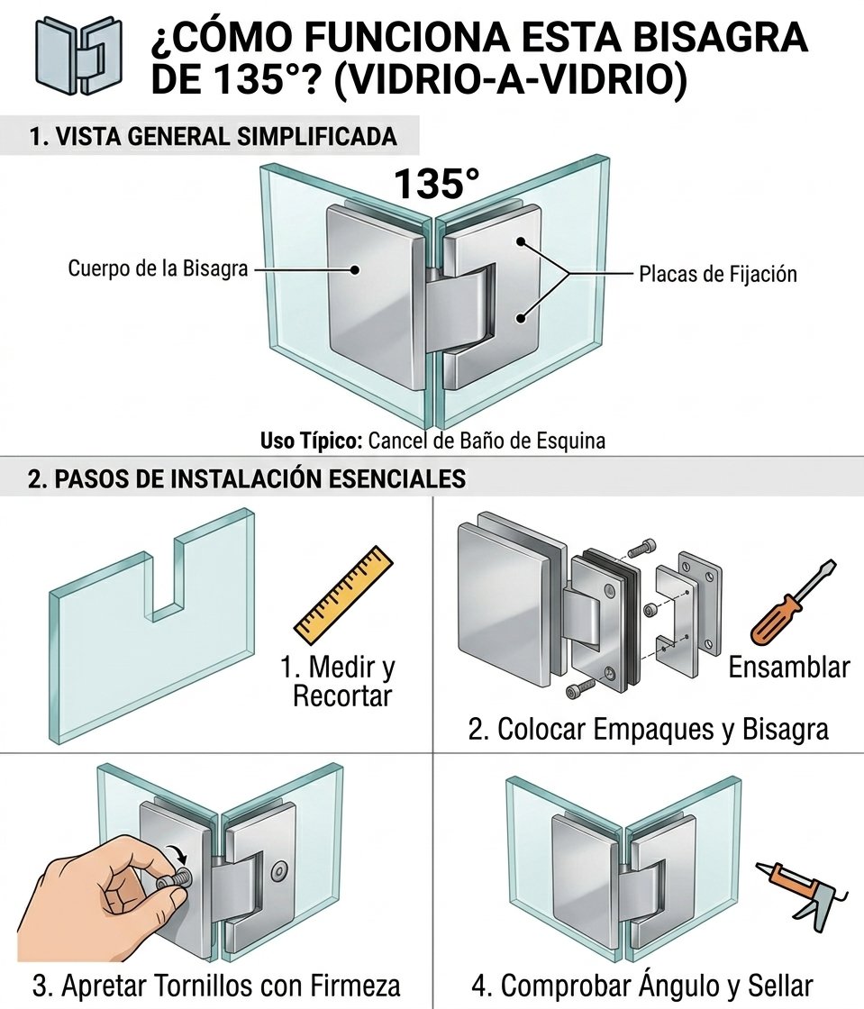 How does this 135° glass-to-glass hinge work? Installation steps