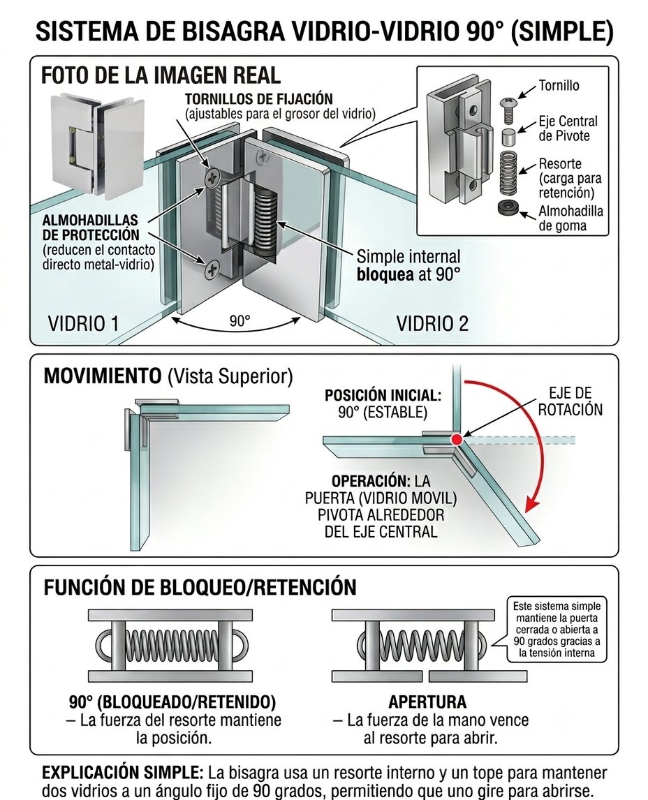 90° glass-to-glass hinge system (simple): the internal spring locks at 90°