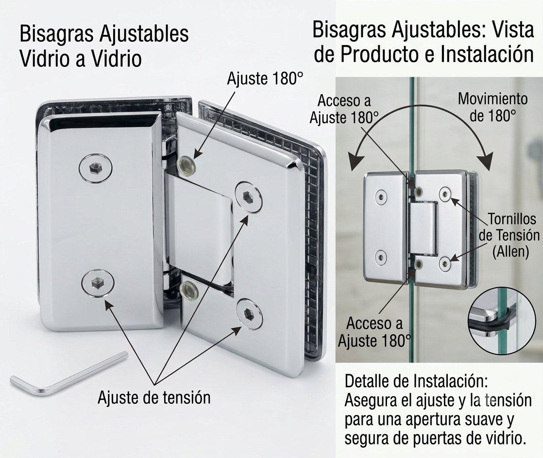 Adjustable glass-to-glass hinges: 180° and tension adjustment