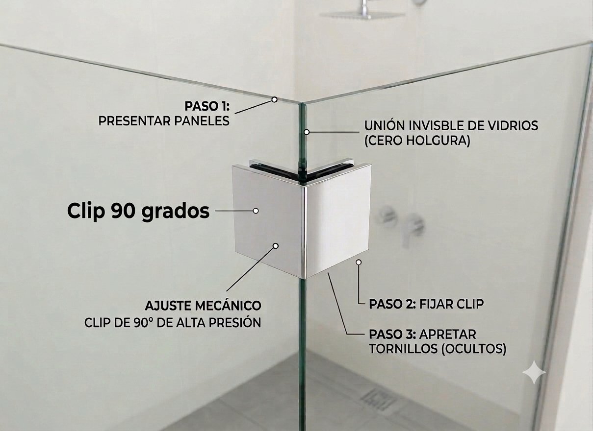 90-degree clip: invisible glass joint, zero play