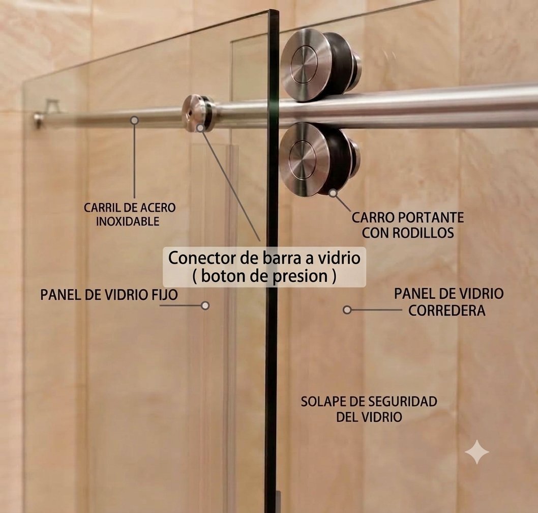 Sliding system parts: stainless steel rail, roller carriage and bar-to-glass connector