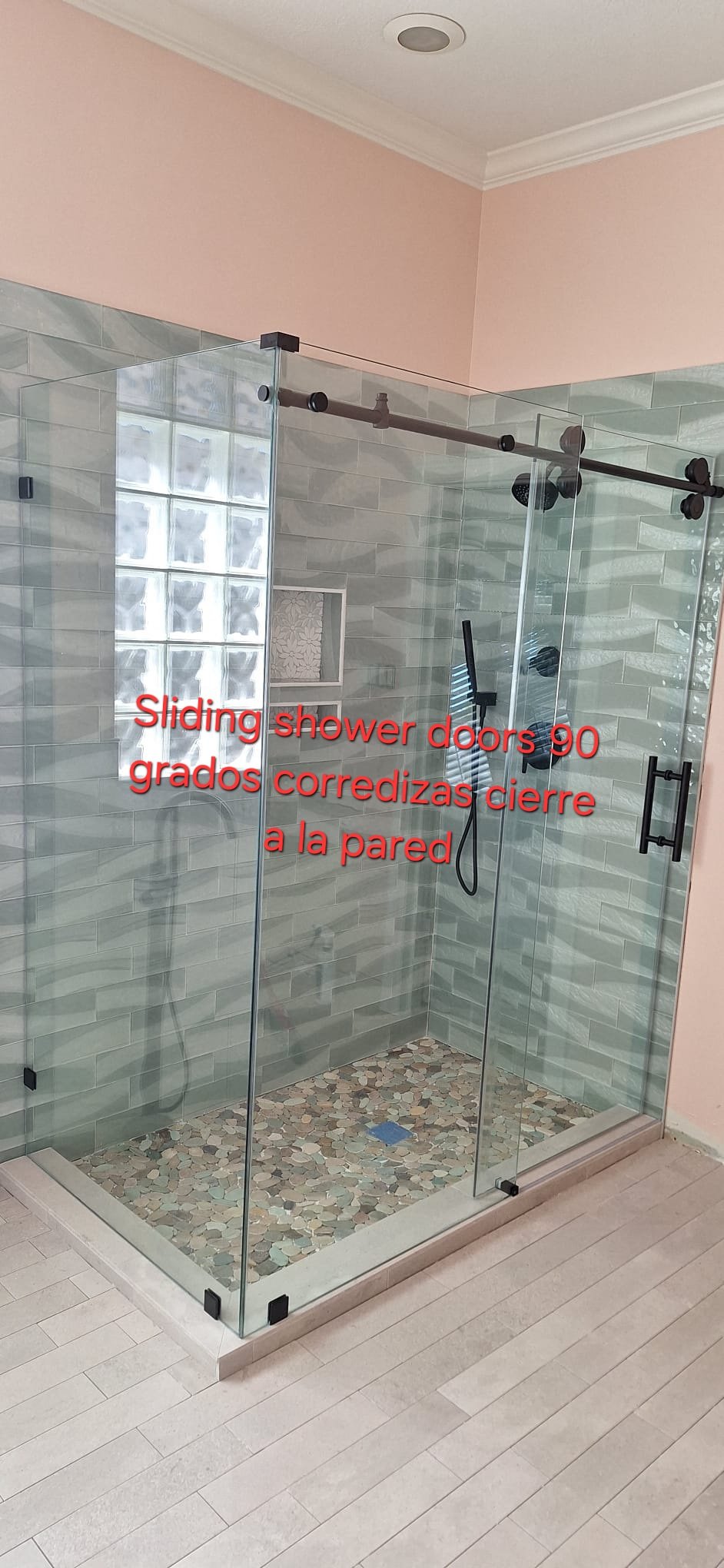 Sliding shower doors, 90 degrees, closing to the wall