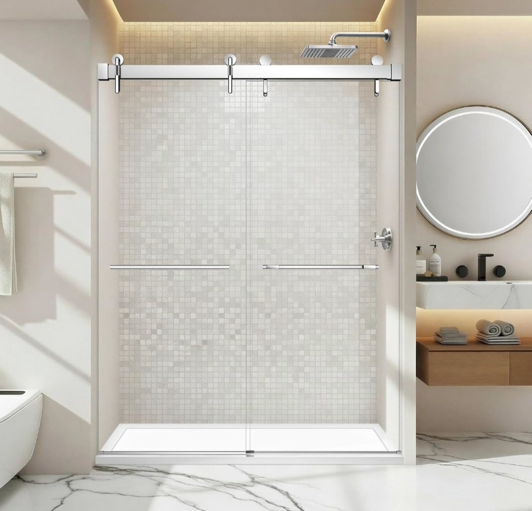Glas Plus double-door soft-close sliding reference photo: two soft-close clear glass sliding doors on a track, with chrome hardware