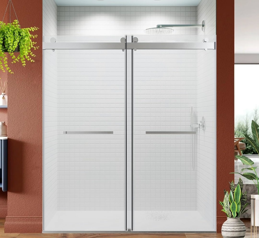 Double-door soft-close sliding system reference: two clear glass sliding doors with chrome track and hardware