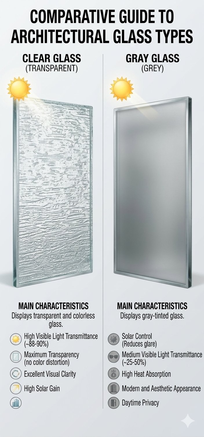 Comparative guide to architectural glass types: Clear Glass (transparent) vs Gray Glass (grey), with the main characteristics of each