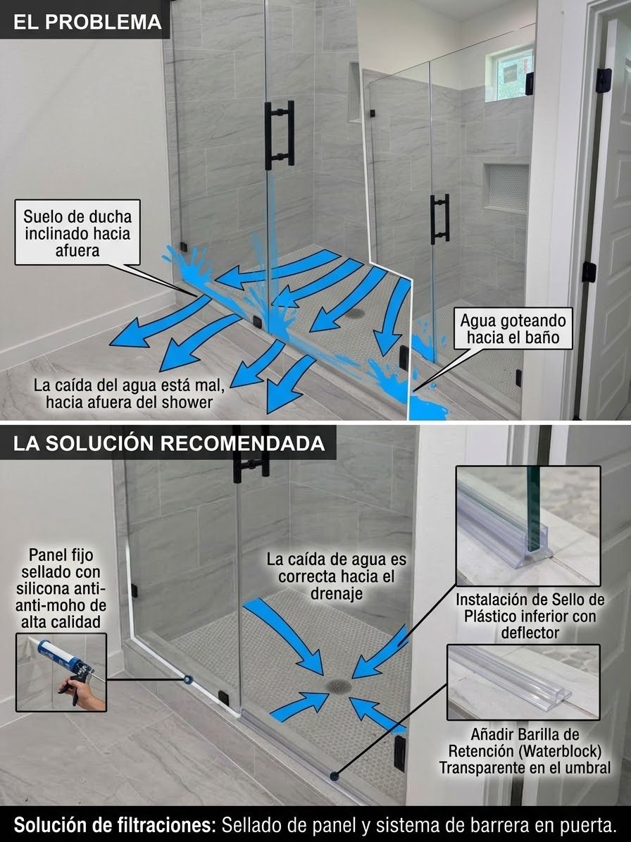 Glas Plus guide, the problem and the recommended fix for leaks: at the top, a shower with the floor sloped outward and water dripping into the bathroom; at the bottom, the fix with the fixed panel sealed with mold-resistant silicone, the bottom plastic seal with deflector and the clear waterblock retention strip on the threshold