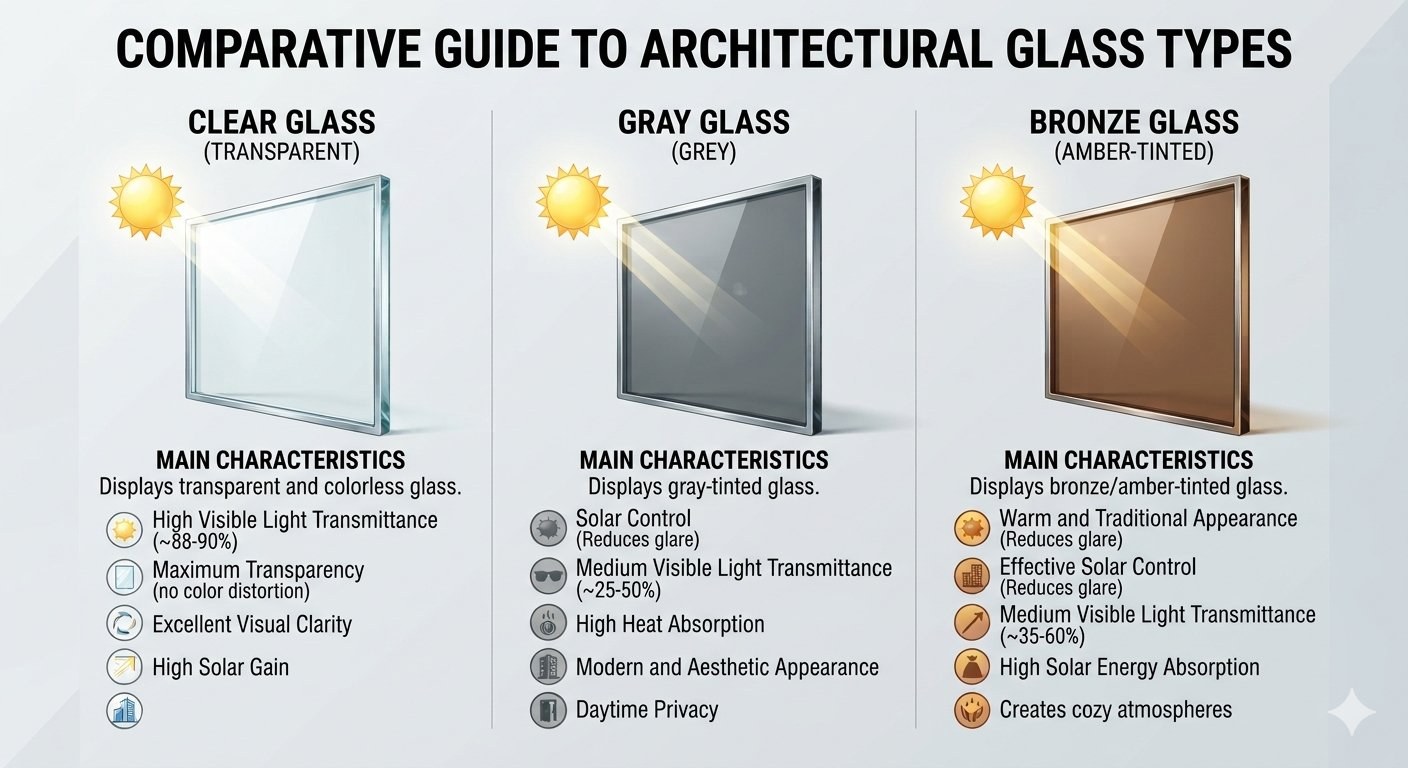 Comparative guide to architectural glass types by Glas Plus: Clear Glass (transparent), Gray Glass (grey) and Bronze Glass (bronze), with the main characteristics of each